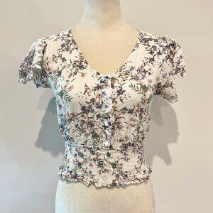 Bohemian White Cream Floral Boho Chick Crop Ruched Waist Blouse Top S